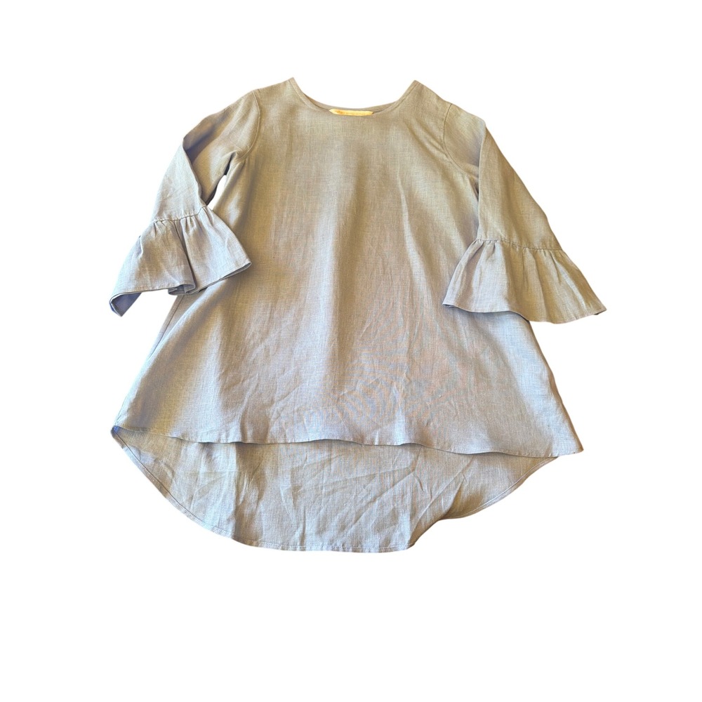 Crown Linen Designs Tunic Light Blue 100% Linen Bell Sleeve High-Low Top M